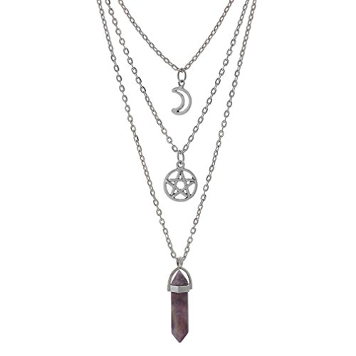 MJartoria Moon Pentagram Necklace Pentacle Chakra Charm Pendant Multi Layer Alloy Chain Choker Necklace Set Gothic Jewelry(A-Purple amethyst-3pcs)