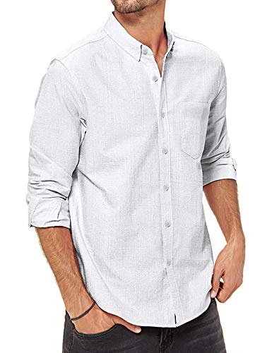 LecGee Men's Regular Fit Long Sleeve Solid Linen Cotton Shirt Casual Button Down Beach Shirt White