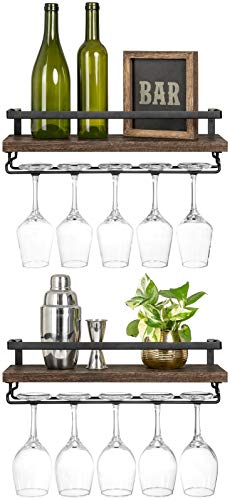 Mkono Wall Mounted Wine Shelves Set of 2 Wood Rustic Wine Bottle Glass Floating Racks with Stemware Hanger Modern Plants Photos Wine Display Storage Holder for Kitchen Dining Room Bar, 17 Inch