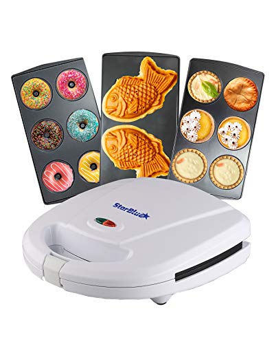 Mini-Donuts Maker, Mini-Pie and Quiche Maker, Taiyaki Maker – 3 in 1 Three Slices Detachable Dessert Maker by StarBlue, Wonderfully non-stick Plates, Cool-Touch Dessert Factory – White AC 110-120V 50/60Hz 700-800W