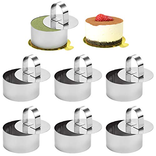 Fireboomoon 6 Pack Stainless Steel Round Cake Mousse Mold with Pusher,Small Round Pastry Cake Baking Rings with Food Pusher(3.15' in Diameter)