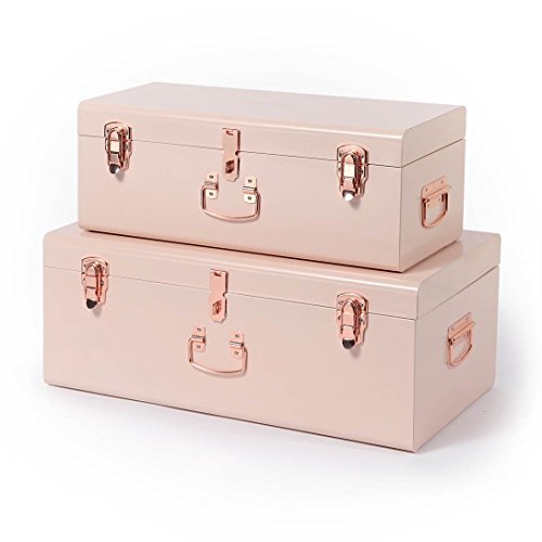 Beautify Footlocker Trunks College Dorm Chests Blush Pink Vintage Style Steel Metal Storage Trunk Set Lockable and Decorative with Rose Gold Handles For Bedroom, Hallway, Living Room