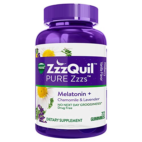 ZzzQuil Pure Zzzs Melatonin Sleep Aid Gummies, 72 ct, with Chamomile, Lavender and Valerian Root, Natural Flavor