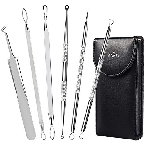 Anjou Blackhead Remover Comedone Extractor, Curved Blackhead Tweezers Kit, 11-Heads Professional Stainless Pimple Acne Blemish Removal Tools Set, Silver