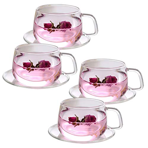 Tosnail 4 Pack 11-Ounce Clear Glass Tea Cups and Saucers Sets