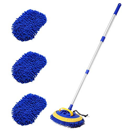 2-in-1 Car Wash Mop Mitt with 3 Pcs Mop Heads, 45' Long Handle Chenille Microfiber Car Wash Dust Brush Extension Pole Flexible Rotation Scratch Free Cleaning Tool Dust Collector Supplies (Blue)