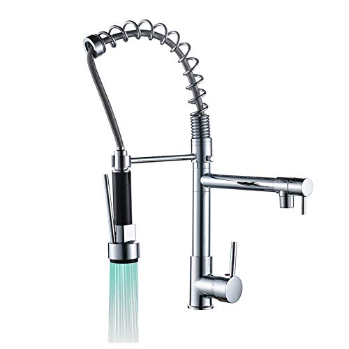 Rozin Chrome Finish Single Hole Spring Kitchen Sink Faucet LED Light Spray Mixer Tap