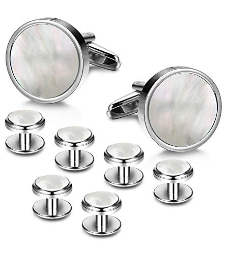 LOYALLOOK 8pcs Mens Silver Tone Mother of Pearl Shell Round Cufflinks and Shirt Stud Set Tuxedo Shirts Business Wedding
