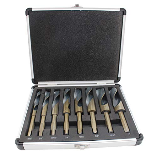 8pc Reduced Shank Drill Bit Set, HSS Cobalt Silver & Deming Drill Bits Set with Storage Case, Large Size 9/16' to 1' (8PC Drill Bit Set, Black)
