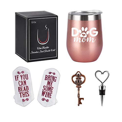 Gingprous Dog Mom Wine Tumbler Wine Socks Set, Dog Lover Gift for Dog Mom Daughter Wife Friend Her Christmas, 12 Oz Stainless Steel Wine Tumbler with Lid and Socks, Opener, Stopper, Rose Gold