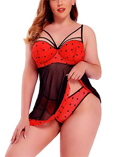Women's Plus Size Chemise Sexy Strap Lingerie Lace Trim Babydoll Sleepwear Outfit Set (R016,Red, 4X-Large)