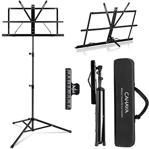 CAHAYA 2 in 1 Dual Use Folding Sheet Music Stand & Desktop Book Stand Lightweight Portable Adjustable with Carrying Bag, Metal Music Sheet Stand with Music Sheet Clip Holder