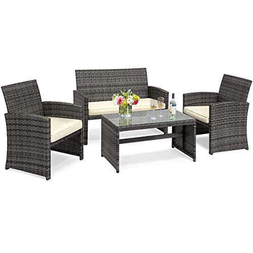 Goplus 4-Piece Wicker Patio Furniture Set with Weather Resistant Cushions and Tempered Glass Tabletop, Rattan Sofa Conversation Set for Outdoor Garden Lawn Pool Backyard (Mix Gray)