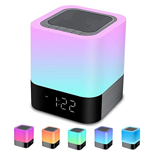Bluetooth Speaker Night Lights, Alarm Clock Bluetooth Speaker MP3 Player, Touch Control Bedside lamp, Dimmable RGB Multicolor Changing LED Table Lamp for Bedroom, USB Flash Drive/MicroSD/AUX Support