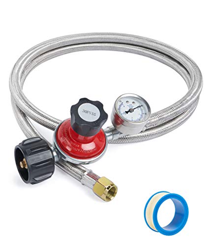 SHINESTAR 5FT 30PSI Adjustable Propane Regulator Hose with Gauge for Fire Pit, Grill, Forge, Gas Cooker, Stainless Steel Braided, QCC1 x 3/8 Female Flare Connection