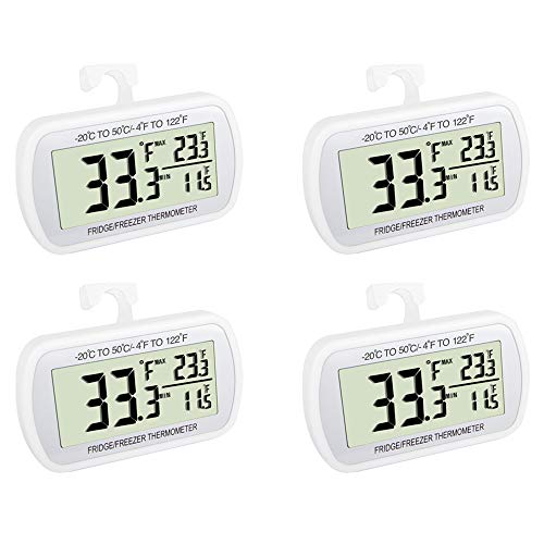 Waterproof Refrigerator Fridge Thermometer, Digital Freezer Room Thermometer, Max/Min Record Function Large LCD Screen and Magnetic back for Kitchen, Home, Restaurants (4 pack)