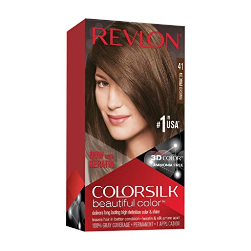 Revlon Colorsilk Beautiful Color, Permanent Hair Dye with Keratin, 100% Gray Coverage, Ammonia Free, 41 Medium Brown