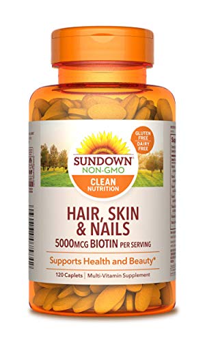 Hair, Skin & Nails Vitamins by Sundown, with Collagen, Non-GMOˆ, Free of Gluten, Dairy, Artificial Flavors, 5000 mcg of Biotin, 120 Caplets