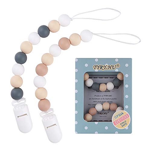 Pacifier Clip, TYRY.HU Silicone Teething Beads Binky Holder Soothie Teether Clips for Baby Boys or Girls, 2 Pack (White+Grey)