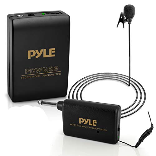 Wireless Clip Lavalier Microphone System - Portable Professional Clip Lav lapel Mic set with Volume Control, 20 ft range - Transmitter, Receiver, Battery - For Camera, Sound Recorder - Pyle PDWM96, Black