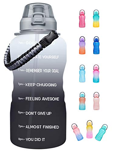 Giotto Large 1 Gallon Motivational Water Bottle with Paracord Handle & Removable Straw - Leakproof Tritan BPA Free Fitness Sports Water Jug with Time Marker-1G-White/Gray Gradient