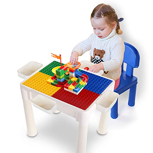Temi 6-in-1 Multipurpose Activity-Table Build & Play with 80 PCS Marble-Run Block Deluxe Sets, Kids Play, Sand, Water, Dining and Learn Desk w/ 1 Chair and 4 Storage Boxes