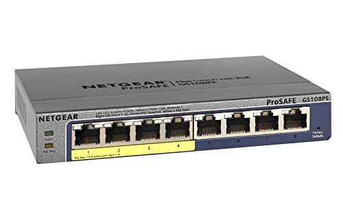 NETGEAR 8-Port Gigabit Smart Managed Plus Switch, 53w 4xPoE, ProSAFE Lifetime Protection (GS108PEv3), Grey, Model Number: GS108PE-300NAS