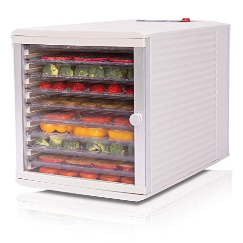 JAYETEC Professional Food Dehydrator, 10-Trays with Digital Thermostat and Timer, fruit, vegetables, meat, flowers, herbs, beef dryer,transparent front door & White，including 2 pcs non-stick sheets