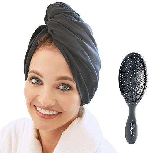 Ultra-Fine Microfiber Hair Towel Wrap - The Perfect Haircare - Anti-frizz Fast Drying Turban with Wet/Dry Brush