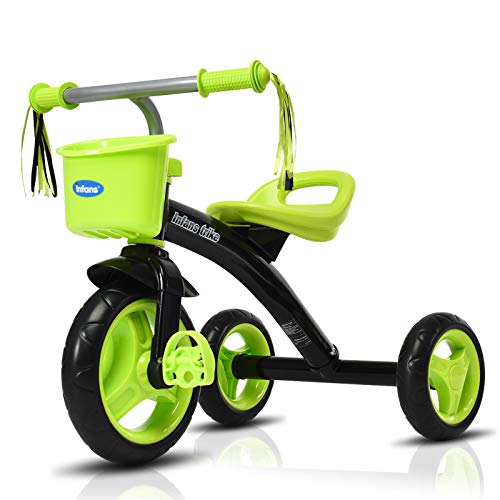 INFANS Kids Tricycle Rider with Adjustable Seat, Storage Basket, Premium Quiet Wheels, Non-Slip Handle (Green)