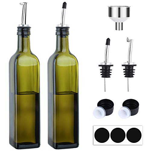 [2 PACK]Aozita 17 oz Glass Olive Oil Dispenser Bottle Set - 500ml Dark Green Oil & Vinegar Cruet Bottle with Pourers, Funnel and Labels - Olive Oil Carafe Decanter for Kitchen