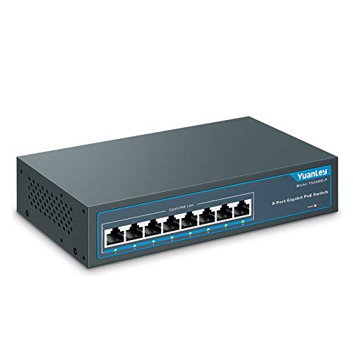 YuanLey 8 Port Gigabit PoE Switch, 8 PoE+ Ports 1000Mbps, 120W 802.3af/at, Metal Fanless Unmanaged Plug and Play