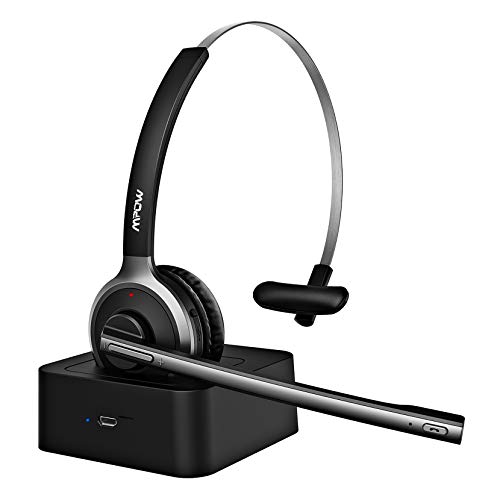 Mpow M5 Pro Bluetooth Headset with Microphone, Wireless Headphones for Cell Phone, Noise Canceling Headset with Charging Base for PC, Laptop, Truck Driver, Office, Call Center, Skype
