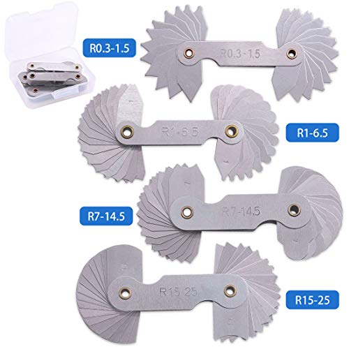 Glarks 4 Pack R0.3-1.5/ R1-6.5/ R7-14.5/ R15-25 Radius Gauge Set, Stainless Steel Radius Fillet Gage Portable Concave Convex Measuring Tool for Tool and Die Makers Check