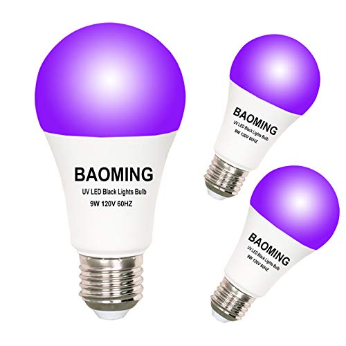 LED Black Lights Bulb UV Blacklight 9W (75Watt Equivalent), E26 Base 120V, UVA Level 390-400nm, Glow in The Dark for Blacklights Party, Body Paint, Fluorescent Poster- 3 Pack