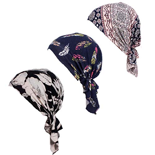 Pre Tied Chemo Head Scarf 3 Packed Beanie Skull Cover Cap for Women (Set1)