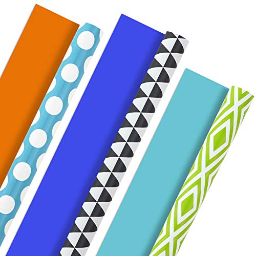 Hallmark Reversible Wrapping Paper, Brights - Green, Gray, Teal Prints & Orange, Blue, Purple Solids (Pack of 3, 120 sq. ft. ttl.) for Birthdays, Graduations, Father's Day, Baby Showers, Halloween