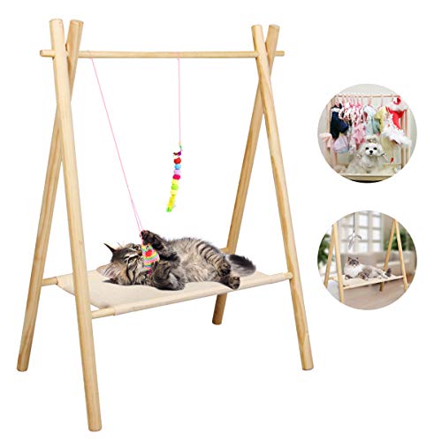 ZUKIBO Cat Hammock with Pet Clothing and Toy Hanger Features Pet Clothes Drying Detachable Kitty Puppy Nest Hammock Tent, Durable Canvas, Wood Stand