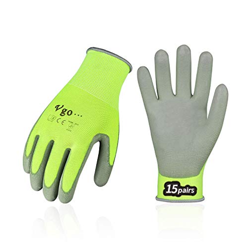 Vgo 15-Pairs Polyurethane Coated Gardening and Work Gloves (Size L,Yellow,PU2103)