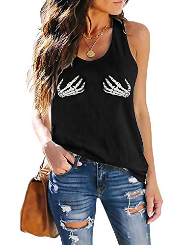 Womens Workout Tank Tops Loose Fit Tie Dye Racerback Tanks Athletic Running Tops Skeleton Hands Print Basic Daily T-Shirts(Skeleton-Black, M)