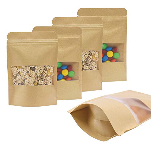 100pcs Kraft ZipLock Bags 3.9 x 5.8 Inch Resealable, Paper Stand Up Sample Pouches with Window for Food Coffee Bath Soak Storage