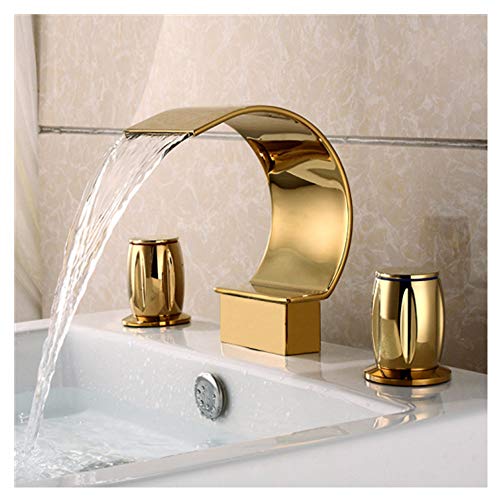 Sprinkle Elegant Waterfall Double Handle Bathroom Sink Faucet Arc Waterfall Spout Bathtub Filler Faucet with Three Holes Widespread Bathroom Faucet Gold Stainless Steel and Brass