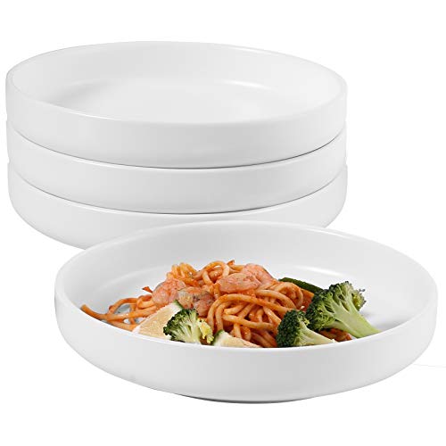 Hompiks Pasta Bowls Set of 4 Salad Pasta Bowls White Shallow Serving Bowl Porcelain Plates and Bowls Microwave and Dishwasher Safe 28 oz