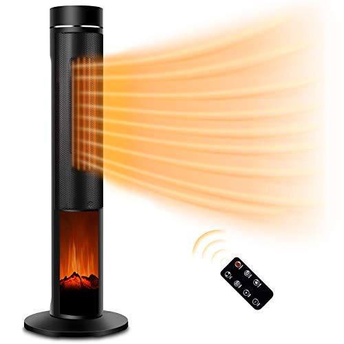 Electric Space Heater for Large Room - 36' Ceramic Tower Space Heater for Whole Room Heating w/ Thermostat, Fast Heating,3D Realistic Flame, Oscillating, Remote Control, Energy Efficient, Ideal for Personal Home/Livingroom/Bathroom Use, Slim Design
