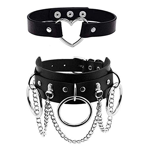 MJartoria Gothic Jewelry-PU Leather Choker Necklace for Women-O-Ring Heart Punk Rock Adjustable Black Collar Choker Cosplayer (Style 1, 2 Pcs)