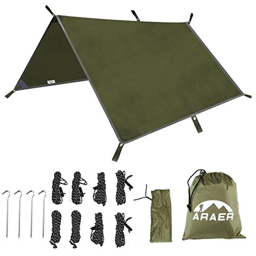 ARAER Tent Tarp Hammock Rain Fly 114' x 114'/9.5ft, 900g/1.98lbs, 2000PU Waterproof Windproof UV 50 Sunshade Essential Survival Camping Hiking Backpacking Cycling Gear, 4 Stakes 8 Ropes