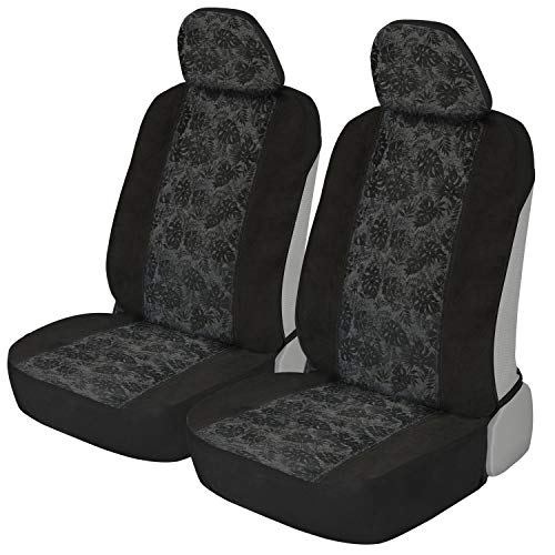 BDK Black Print Car Seat Covers, Front Seats Only – Tropical Maui Pattern Front Seat Cover Set with Matching Headrest, Sideless Design for Easy Installation, Universal Fit for Car Truck Van and SUV