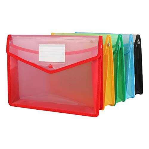 A4 Plastic Wallet Folder Envelope, CBTONE 5 Pack Waterproof Poly Envelope Plastic File Wallet Document Folder with Button Closure for School Office Home - Red Blue Yellow Green Black
