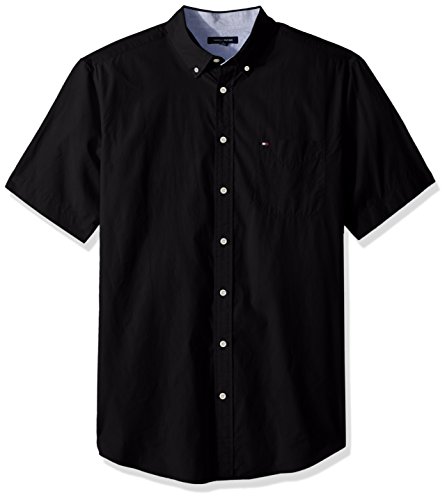 Tommy Hilfiger Men's Big and Tall Button Down Short Sleeve Shirt Maxwell, Black, BG-3XL