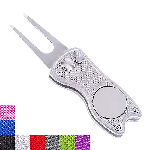 Mile High Life All Metal Foldable Golf Divot Tool with Pop-up Button & Magnetic Ball Marker (Silver Fish)